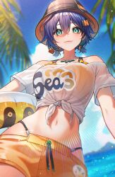 1girl belle_(zenless_zone_zero) bikini bikini_under_clothes black_hat blue_eyes blue_hair blue_sky blurry blurry_background breasts closed_mouth cofyrin commentary day from_below green_eyes hat highres holding holding_swim_ring innertube jewelry light_particles light_smile looking_at_viewer medium_breasts midriff navel necklace ocean official_alternate_costume orange_bikini orange_shorts palm_tree shirt short_hair short_shorts shorts sky solo stomach swim_ring swimsuit tied_shirt tree white_shirt zenless_zone_zero