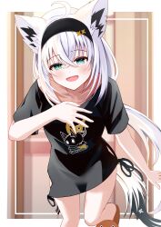 1girl absurdres animal_ears black_headband black_shirt blue_eyes blush brown_slippers fox_ears fox_girl fox_tail green_eyes headband highres hololive looking_at_viewer low_ponytail official_alternate_costume official_alternate_hairstyle open_mouth ponytail shirakami_fubuki shirakami_fubuki_(loungewear) shirt slippers smile solo tail torimuraa virtual_youtuber white_hair