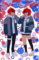 1boy 1girl ahoge black_hair black_pants black_shorts black_socks blue_background blue_eyes blue_jacket full_body genderswap genderswap_(mtf) grey_jacket hair_between_eyes hand_up highres hood hoodie jacket long_sleeves messy_hair multicolored_eyes multicolored_hair open_mouth pants red_background red_eyes red_hair shoes shorts simple_background socks standing sumino_takumi the_hundred_line_-last_defense_academy- white_background white_hoodie white_shoes