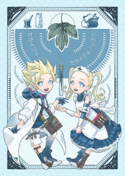 1boy 1girl :d absurdres alternate_costume apron armband bag blonde_hair blue_dress blue_eyes blue_gloves blue_hoodie blue_sleeves blue_socks blue_theme bow bright_pupils commentary_request detached_sleeves doctor dragon_quest dragon_quest_builders_2 dress female_builder_(dqb2) gloves hair_pulled_back hat highres hood hoodie lab_coat leaf legwear_garter looking_at_viewer male_builder_(dqb2) mask mask_pull mortar_(bowl) mouth_mask nurse nurse_cap open_mouth pestle short_hair shorts shoulder_bag single_sleeve sleeveless sleeveless_dress smile socks spiked_hair stethoscope stethoscope_around_neck teeth test_tube thigh_strap translation_request twintails two-tone_hoodie vial waist_bow white_apron white_armband white_bow white_pupils white_shorts wrist_cuffs yamiko_(black-g-d-s)