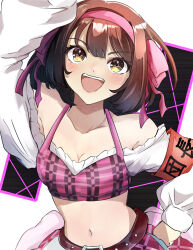 1girl :d absurdres arm_up belt belt_buckle blush bow bow_hairband breasts brown_hair buckle cleavage collarbone crop_top hair_bow hairband halterneck hand_on_own_hip highres long_hair long_sleeves midriff navel open_mouth pink_bow pink_hairband red_belt sasai_tuki small_breasts smile solo stomach suzumiya_haruhi suzumiya_haruhi_no_yuuutsu upper_body yellow_eyes