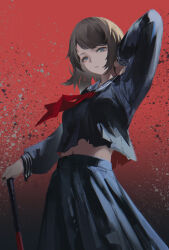 1girl airool arm_behind_head bang_dream! bang_dream!_it&#039;s_mygo!!!!! black_background black_hair black_nails black_serafuku blue_eyes cane chinese_commentary commentary_request cowboy_shot fingernails gradient_background grey_background hand_rest hand_up highres holding holding_cane long_sleeves looking_at_viewer medium_hair midriff navel neckerchief parted_lips red_background red_neckerchief school_uniform serafuku shirt sidelighting solo stain three-toned_background torn_clothes torn_shirt weibo_username yahata_umiri