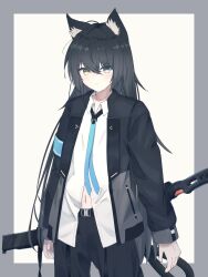 1boy absurdres animal_ear_fluff animal_ears armband arms_at_sides belt black_belt black_hair black_jacket black_pants blue_eyes blue_necktie border cat_boy cat_ears cat_tail closed_mouth collared_shirt cowboy_shot expressionless green_eyes grey_border hair_between_eyes heterochromia highres jacket katana long_hair long_sleeves looking_at_viewer navel necktie open_clothes open_jacket pants sheath sheathed shirt solo standing sword tail very_long_hair vrchat weapon weapon_on_back white_background white_shirt xelevia yellow_eyes