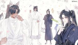 2boys animal_ears black_boots black_hair black_hanfu boots cat_ears cat_tail cat_teaser chinese_clothes chu_wanning closed_mouth cosplay costume_switch dog_ears dog_tail erha_he_tadebai_mao_shizun full_body grin hand_on_own_hip hanfu high_ponytail highres holding_cat_teaser honbae kemonomimi_mode long_hair long_sleeves looking_at_viewer male_focus mo_ran multiple_boys multiple_views ponytail purple_eyes purple_ribbon ribbon smile standing sweatdrop tail tail_wagging tan twitter_username upper_body white_boots white_hanfu wide_sleeves yellow_eyes