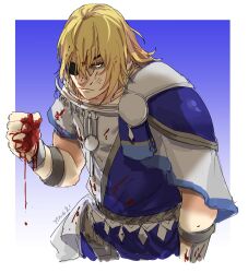 1boy alternate_costume blonde_hair blood blood_on_clothes blood_on_face blood_on_hands blue_tunic dimitri_alexandre_blaiddyd dimitri_alexandre_blaiddyd_(timeskip) eyepatch fire_emblem fire_emblem:_three_houses highres meansary messy_hair nintendo solo tunic white_eyes