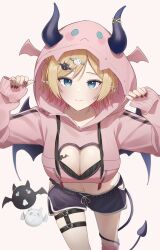 Rule 34 | 1girl, :3, absurdres, black horns, black shorts, blonde hair, bra, bra peek, breast tattoo, breasts, cleavage, cleavage cutout, closed mouth, clothing cutout, commentary request, cowboy shot, cropped hoodie, demon girl, demon horns, demon tail, demon wings, dolphin shorts, garter straps, hands up, highres, hip vent, hololive, hood, hood up, hoodie, horns, large breasts, looking at viewer, midriff, moonlightlight, navel, official alternate costume, official alternate hairstyle, pink hoodie, pointy ears, short hair, short shorts, shorts, simple background, single garter strap, sleeves past wrists, solo, swept bangs, tail, tail around own leg, tattoo, thigh strap, underwear, virtual youtuber, white background, winged heart, winged heart tattoo, wings, yuzuki choco, yuzuki choco (9th costume)