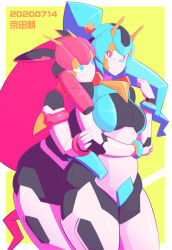 Rule 34 | 2020, 2girls, antenna, aqua hair, blue eyes, dated, hug, hug from behind, humanoid robot, kyoda akira, mecha, mecha girl, metallic breasts, multiple girls, numbers, original, pink eyes, pink hair, ponytail, robot, robot girl, simple background, yellow background