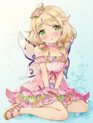 Rule 34 | 1girl, :o, ahoge, arms between legs, bare legs, blonde hair, blush, dress, fairy wings, flower ornament, frilled wristband, green eyes, head wreath, highres, idolmaster, idolmaster cinderella girls, idolmaster cinderella girls starlight stage, looking at viewer, michii yuuki, pink dress, sandals, short twintails, sitting, solo, twintails, wariza, wings, yusa kozue