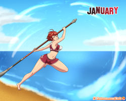 1girl barefoot beach bikini bikini_shorts bikini_top_only breasts fire_emblem fire_emblem_fates highres hinoka_(fire_emblem) holding holding_polearm holding_spear holding_weapon january medium_breasts naginata navel nintendo ocean patreon_username polearm red_bikini red_eyes reit sand short_hair shorts solo spear sports_bikini swimsuit water weapon
