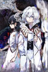 2girls absurdres bare_arms black_eyes black_hair black_shirt closed_mouth collared_shirt collared_vest curtains dot_nose dress expressionless feet_out_of_frame grey_eyes grey_vest hair_between_eyes hand_in_pocket haru_(len&#039;en) highres indoors kimura8556spsk lab_coat lapels len&#039;en light_blush light_frown long_dress long_sleeves looking_ahead mandarin_collar medium_hair multiple_girls multiple_torii neck_ribbon notched_lapels pants pink_dress pointy_nose red_ribbon ribbon shirt shitodo_hoojiro short_sleeves smoke straight_hair torii vest white_hair white_pants wind