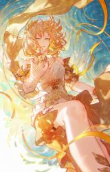 Rule 34 | 1girl, absurdres, aglaea (honkai: star rail), ancient greek clothes, artist name, bare shoulders, blonde hair, breasts, cleavage, dress, floating hair, greco-roman clothes, green eyes, highres, honkai: star rail, honkai (series), laurel crown, looking at viewer, meirong, parted lips, short hair, solo, white dress, yellow nails