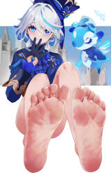 1girl ascot black_gloves blue_ascot blue_eyes blue_hair blue_headwear blue_jacket drop_shaped_pupils feet foot_focus furina_(genshin_impact) furina_genshin_impact genshin_impact gloves hat he_c92 heterochromia highres jacket long_sleeves looking_at_viewer mature_female multicolored_hair smile soles solo streaked_hair top_hat white_hair