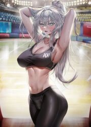 1girl absurdres armpits arms_behind_head arms_up bare_arms bare_shoulders black_pants black_sports_bra blush breasts cleavage collarbone cowboy_shot crop_top hair_between_eyes highres korean_commentary large_breasts long_hair looking_at_viewer midriff navel nompang novel_illustration official_art open_mouth original pants pantyhose sleeveless solo sports_bra stadium standing stomach sweat taut_clothes variant_set yoga_pants