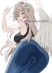 1girl ^^^ absurdres adversarial_noise alternate_costume angel_wings ass ass_focus ass_press bare_arms bare_shoulders black_tank_top blue_archive blue_pants blush braid breasts brown_hair casual commentary cowboy_shot crown_braid curled_fingers denim feathered_wings fingernails flower from_below hair_behind_ear hair_between_eyes hair_flower hair_ornament halo hand_up highres index_finger_raised jeans large_breasts long_hair looking_at_viewer looking_down nagisa_(blue_archive) open_mouth pants pink_flower pink_halo pocket simple_background sleeveless solo sweatdrop tank_top twitter_username very_long_hair white_background white_wings wings yamano_rokamizu yellow_eyes
