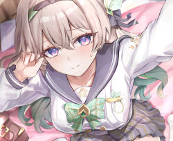 1girl arm_up bed black_bow black_hairband blue_eyes blush bow bowtie breasts closed_mouth collarbone commentary_request firefly_(honkai:_star_rail) firefly_(spring_missive)_(honkai:_star_rail) green_bow green_bowtie grey_sailor_collar grey_skirt hair_bow hairband hand_up highres honkai:_star_rail honkai_(series) indoors large_breasts long_sleeves looking_at_viewer multicolored_eyes official_alternate_costume on_bed paid_reward_available plaid_clothes plaid_skirt purple_eyes sailor_collar school_uniform serafuku shirt skirt solo sweatdrop tomas_(kaosu22) white_shirt