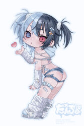 +_+ 1girl absurdres arm_warmers ass blue_eyes chibi dancho dancho_(dancyo) denim denim_shorts full_body heart heterochromia highres kujirakawa_zoo looking_at_viewer loose_socks micro_shorts multicolored_hair red_eyes short_hair shorts socks solo split-color_hair thigh_strap two_side_up