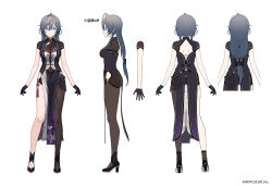 ahoge asymmetrical_legwear back_bow belt beret black_belt black_dress black_footwear black_gloves black_hat bow braided_sidelock breasts cape reference_sheet china_dress chinese_clothes double-parted_bangs dress full_body gloves gradient_eyes grey_hair hair_between_eyes hair_bow hat high_heels hip_vent kisara_(nijisanji) long_hair low_ponytail medium_breasts multicolored_eyes nijisanji official_art pelvic_curtain ponytail sidelocks single_leg_pantyhose standing tassel tokki virtual_youtuber waist_cape