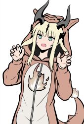 1girl absurdres aqua_eyes arknights arms_up black_horns black_outline blonde_hair charizard charizard_(cosplay) claw_pose cosplay dot_nose fang gen_1_pokemon highres hood hood_up horns light_blush long_sleeves lucia_(luciatehe) nintendo open_mouth outline pajamas pokemon reed_(arknights) short_hair sidelocks simple_background solo sweatdrop tail thick_outlines white_background