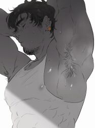 Rule 34 | 1boy, absurdres, armpit hair, armpits, arms up, bara, beard, commentary, covered abs, covered erect nipples, earrings, facial hair, highres, isuke, jewelry, male focus, muscular, muscular male, nipples, original, parted lips, piercing, profile, see-through clothes, shirt, short hair, sideburns stubble, simple background, solo, spot color, stubble, sweat, symbol-only commentary, tank top, thick eyebrows, upper body, very sweaty, white background