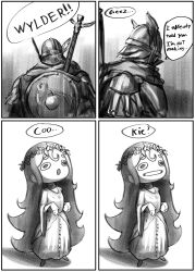 1boy 1girl absurdres armor cape chibi dress elden_ring elden_ring_nightreign helmet highres long_hair revenant_(elden_ring) simple_background skedoodly sword weapon winged_helmet wylder_(elden_ring)