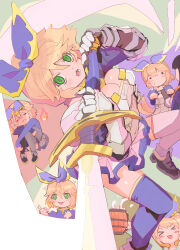 &gt;:) &gt;_&lt; 2girls :&lt; :3 =_= armor beer_mug blue_ribbon blue_theme blush blush_stickers breasts brown_hair chibi cleavage clenched_hand closed_mouth cup curuni_crueciel depressed dog_tail dress eyebrows_hidden_by_hair ficelle_harbeller full_body gauntlets green_eyes hair_between_eyes hair_ribbon highres holding holding_cup holding_sword holding_weapon katainaka_no_ossan_kensei_ni_naru long_hair looking_at_viewer lower_teeth_only medium_breasts mug multiple_girls multiple_views open_mouth pauldrons paw_pose ribbon rudorufu scratching_chin short_hair shoulder_armor sitting smile sweatdrop sword tail tail_wagging teeth thighhighs two-tone_thighhighs v-shaped_eyebrows weapon white_dress white_thighhighs wooden_cup zweihander