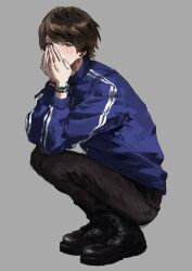 Rule 34 | 1boy, absurdres, black boots, black pants, blue jacket, blush, boots, bracelet, brown hair, commentary request, covering own mouth, full body, grey background, hands up, highres, jacket, jewelry, jiz (pffbq), kiyo (youtuber), long sleeves, looking at viewer, male focus, pants, real life, red eyes, short hair, simple background, solo, squatting