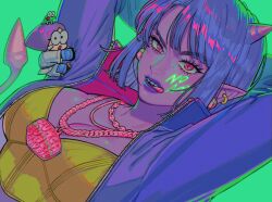 Rule 34 | 2girls, arms behind head, breasts, character name, cleavage, colored skin, coolfrog (punch punch forever!), copyright name, cropped shirt, demon tail, dutch angle, earrings, eyecatch, glasses, green background, highres, horns, jacket, jewelry, large breasts, licking lips, looking at viewer, matsumoto gogo, matsumoto nono, multiple girls, necklace, official art, okada (hoooojicha), pointy ears, punch punch forever!, purple jacket, purple lips, purple skin, red eyes, round eyewear, shirt, siblings, sisters, slit pupils, tail, tongue, tongue out, yellow shirt