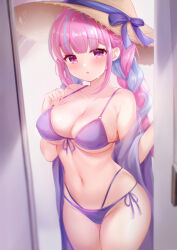 1girl :o aqua_hair bikini blurry blurry_foreground blush braid breasts cleavage collarbone colored_inner_hair door doorway front-tie_bikini_top front-tie_top hat hat_ribbon holding_strap hololive large_breasts long_hair minato_aqua multicolored_hair nikoo open_mouth pink_eyes pink_hair purple_bikini purple_ribbon purple_robe revision ribbon robe skindentation solo standing stomach streaked_hair sun_hat sweat swimsuit thighs twin_braids twintails two-tone_hair underboob virtual_youtuber yellow_hat