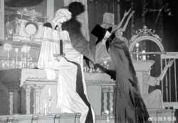 2boys absurdres altar bow bowtie candle capelet chinese_commentary church claws cloak closed_mouth collared_jacket collared_shirt commentary_request dark-skinned_male dark_skin fire full_body hat head_tilt high_collar highres holding_hands imminent_kiss indoors jacket jianmu_qizhen light_smile long_hair long_sleeves looking_at_hand male_focus multiple_boys original robe shirt short_hair sitting skeleton sleeves_past_wrists top_hat watermark weibo_watermark wide_sleeves yaoi