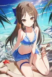 1girl absurdres barefoot beach bikini blue_bikini blue_bow blush bow brown_eyes brown_hair closed_mouth commentary_request frilled_bikini frills hair_bow highres idolmaster idolmaster_cinderella_girls long_hair looking_at_viewer melreon navel sand sitting smile solo swimsuit tachibana_arisu thigh_strap