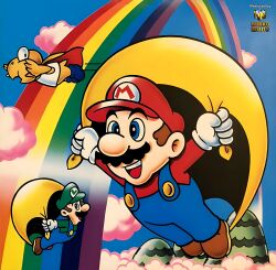 1other 2boys blue_sky brothers brown_hair cape cape_luigi cape_mario cloud flying gloves grin hat highres looking_at_another luigi male_focus mario mario_(series) mountain multiple_boys nintendo official_art open_mouth overalls power-up rainbow siblings sky smile super_koopa super_mario_world yellow_cape