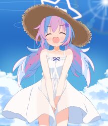 1girl absurdres alternate_costume bare_legs bare_shoulders blue_archive blue_hair blush closed_eyes dress halo hat highres long_hair low_twintails masushi_masashi multicolored_hair open_mouth purple_hair reisa_(blue_archive) sidelocks solo sun_hat twintails two-tone_hair white_dress white_halo