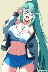 absurdres alternate_costume breasts glasses gluteal_fold green_eyes green_hair highres large_breasts marthabucks pneuma_(xenoblade) solo xenoblade_chronicles_(series) xenoblade_chronicles_2