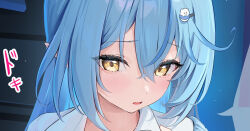 1girl blue_hair blush commentary_request cropped crossed_bangs eyes_visible_through_hair hair_between_eyes hair_ornament hololive houkisei indoors long_hair looking_at_viewer open_mouth paid_reward_available pointy_ears portrait solo translation_request yellow_eyes yukihana_lamy