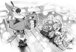 accordion beak boots feather_hair_ornament feathered_wings feathers greyscale feather_hair_ornament hair_ornament hairclip instrument kass link monochrome music musical_note nintendo ouya_(maboroshimori) pillow playing_instrument pointy_ears princess_zelda rito sash sitting sitting_on_lap sitting_on_person smile standing talons the_legend_of_zelda the_legend_of_zelda:_breath_of_the_wild wings