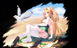 Rule 34 | 1girl, :t, absurdres, ahoge, ass, azur lane, backless outfit, bare back, bare shoulders, beach, bird, black garter straps, black hairband, black shoes, blonde hair, blue eyes, breasts, chinese commentary, commentary request, day, full body, garter straps, gorizia (azur lane), green skirt, hair ribbon, hairband, high heels, highres, long hair, lying, medium breasts, miniskirt, ocean, on side, outdoors, panties, pantyshot, pleated skirt, red ribbon, ribbon, sand, seagull, shoes, sideboob, skirt, solo, thighhighs, thunder-35, underwear, unworn shoes, white bird, white panties, white thighhighs