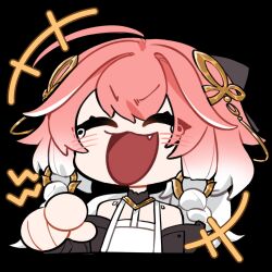 1girl :d ahoge blush changli_(wuthering_waves) chibi closed_eyes fang hair_ornament highres lightcb long_hair multicolored_hair open_mouth pink_hair pointing simple_background smile solo white_hair wuthering_waves