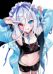 1boy :p absurdres bare_shoulders belt black_background black_belt black_choker black_panties black_shorts blue_eyes blue_jacket blue_nails blue_ribbon choker closed_mouth collarbone commentary_request cowboy_shot crop_top crossed_bangs eyelashes fang foreshortening furrowed_brow grey_hair groin hair_between_eyes hair_intakes hair_ornament hands_up headphones heterochromia highleg highleg_panties highres jacket kamisama_choose!_sensei_onna_no_ko_niatteru_yo! kurimochi_chizuru male_focus medium_hair nail_polish navel neck_ribbon official_art open_clothes open_jacket panties red_eyes ribbon shirahato_inori shorts skin_fang skindentation sleeves_past_wrists smile stomach thigh_strap tongue tongue_out trap two-tone_background underwear v v_over_eye white_background x_hair_ornament