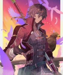 1boy ahoge animal arm_wrap belt_pouch bird blue_eyes brown_hair dated double-parted_bangs eagle eiyuu_densetsu falling_feathers feathers fingerless_gloves gaius_worzel gloves hair_between_eyes holding holding_polearm holding_weapon jacket male_focus mullet polearm pouch saymel679 sen_no_kiseki sen_no_kiseki_(series) sen_no_kiseki_i sen_no_kiseki_iii smile spear twitter_username weapon