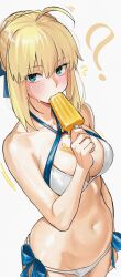 1girl ? absurdres ahoge artoria_pendragon_(fate) artoria_pendragon_(swimsuit_archer)_(fate) artoria_pendragon_(swimsuit_archer)_(first_ascension)_(fate) bikini blonde_hair blue_ribbon blush braid breasts cleavage commentary cowboy_shot fate/grand_order fate_(series) flying_sweatdrops food food_in_mouth green_eyes hair_between_eyes hair_ribbon highres holding holding_food holding_popsicle kamisato_sora looking_at_viewer medium_breasts melting_popsicle navel popsicle popsicle_in_mouth ribbon short_hair simple_background solo stomach sweat swimsuit symbol-only_commentary white_background white_bikini