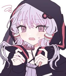 Rule 34 | 1girl, @ @, animal hood, black hoodie, blush, clothes grab, criss-cross halter, danjou sora, flustered, hair ornament, halterneck, hands up, hood, hood grab, hood up, hoodie, long sleeves, open clothes, open hoodie, open mouth, purple eyes, purple hair, rabbit hood, red hoodie, short hair with long locks, simple background, solo, squiggle, two-tone hoodie, upper body, vocaloid, voiceroid, white background, yuzuki yukari