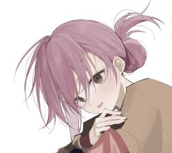 Rule 34 | 1girl, brown eyes, brown shirt, chinese commentary, commentary, dutch angle, eyebrows hidden by hair, eyelashes, folded ponytail, hair between eyes, highres, looking at viewer, medium hair, open mouth, pink hair, portrait, sakura no uta, shirt, simple background, smile, solo, teeth, toritani makoto, upper teeth only, visinss, white background