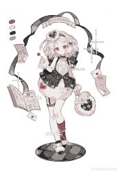 1girl \(clothes\) absurdres animal bad_tag bag book bow bowtie buckle candy chinese_text choker collar cuffs dress english_text envelope eyelashes floor food frills guide hairband heart highres holding lace logo lollipop pom ribbon sample_watermark sheep shirt single single_thighhigh sleeveless socks solo sparkle strap thighhighs thighs trim username watermark weibo wokeyiqilaima