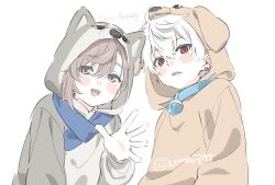 2boys aged_down animal_costume animal_hood bell blue_eyes blush brown_hair child dog_costume dog_hood ear_piercing fang hood kanae_(nijisanji) kuzuha_(nijisanji) looking_at_viewer male_focus mole mole_under_eye multiple_boys neck_bell nijisanji piercing red_eyes scarf simple_background sketch smile umapote virtual_youtuber waving white_background white_hair
