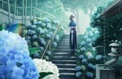 1girl bag black_skirt blue_flower blue_sweater breasts closed_umbrella clothing_cutout cross-laced_clothes cross-laced_sleeves elbow_carry flower game_cg grey_hair handbag highres holding holding_umbrella hydrangea katsuragi_izumi link!_like!_love_live! long_hair long_skirt looking_up love_live! medium_breasts non-web_source official_art outdoors platform_sandals profile railing sandals short_sleeves shoulder_cutout skirt solo stairs standing sweater turtleneck turtleneck_sweater umbrella virtual_youtuber white_bag white_flower white_umbrella wolf_cut