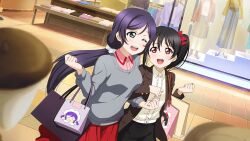 2girls ;d arm_hug bag black_hair black_skirt blush bow breasts brown_jacket clenched_hands clothes_hanger clothes_shop collared_shirt cowboy_shot dutch_angle elbow_carry eye_contact green_eyes grey_sweater hair_bow holding holding_bag indoors jacket long_hair long_sleeves looking_at_another looking_to_the_side love_live! love_live!_school_idol_project low_twintails mall mannequin multiple_girls nesoberi one_eye_closed open_clothes open_jacket open_mouth paper_bag pink_shirt pleated_skirt print_bag puchiguru_love_live! purple_hair raised_inner_eyebrows red_bow red_eyes red_skirt scrunchie shelf shirt shopping shopping_bag skirt smile sweater tile_floor tiles tojo_nozomi twintails walking white_scrunchie yazawa_nico yellow_shirt yuri
