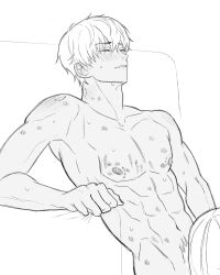 Rule 34 | 1boy, 1girl, abs, absurdres, bite mark, bite mark on neck, bite mark on pectorals, bite mark on shoulder, biting own lip, clenched hand, closed eyes, couple, furrowed brow, greyscale, hair between eyes, hetero, hickey, highres, implied fellatio, ladxena, love and deepspace, male focus, male pubic hair, monochrome, nude, parted lips, protagonist (love and deepspace), pubic hair, short hair, sketch, sweat, white background, white hair, xavier (love and deepspace)