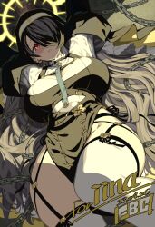 1girl arms_up artist_name black_hair blue_archive blush breasts cleavage_cutout clothing_cutout cross cross_earrings earrings fbc hair_over_one_eye hair_spread_out halo hinata_(blue_archive) jewelry large_breasts long_hair long_sleeves looking_at_viewer lying nun on_back open_mouth red_eyes solo thighhighs very_long_hair white_thighhighs yellow_halo