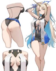 Rule 34 | 1girl, armpits, arms up, ass, bare legs, black collar, black dress, blonde hair, blue hair, blush, breasts, breasts apart, closed mouth, collar, colored inner hair, commentary, crown of thorns, dress, fleurdelys (wuthering waves), hands in own hair, horns, jewelry, large breasts, legs, long hair, long horns, looking at viewer, median furrow, multicolored hair, multiple views, necklace, parted bangs, pointy ears, sib (9obsl), sidelocks, single horn, tabard, tacet mark (wuthering waves), thighs, very long hair, white tabard, wuthering waves, yellow horns