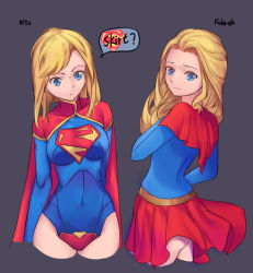 1girl bad_id bad_pixiv_id blonde_hair blue_eyes breasts cape comparison dc_comics highres kryptonian leotard long_hair multiple_views skirt sleeved_leotard smile supergirl superman_(series) thighs tsuki_suigetsu turnaround